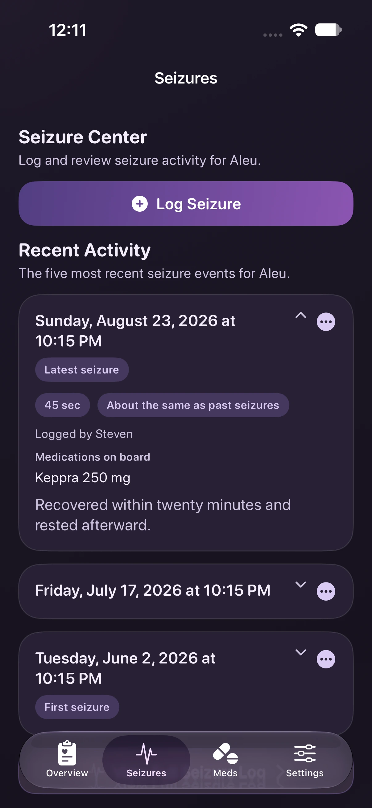 Leu Seizures screen in Dark Mode