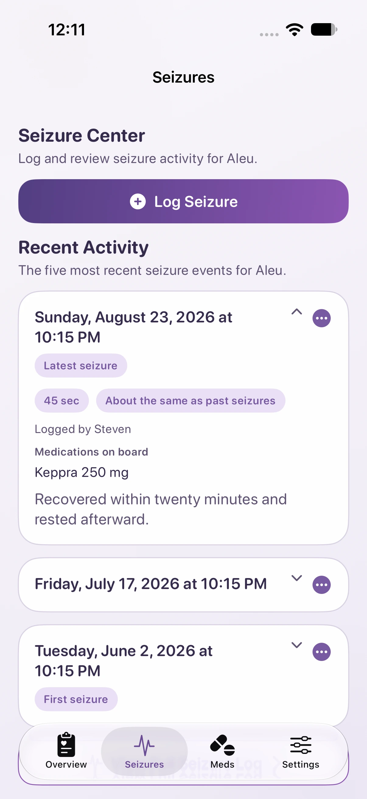 Leu Seizures screen with a recent event and its recorded details